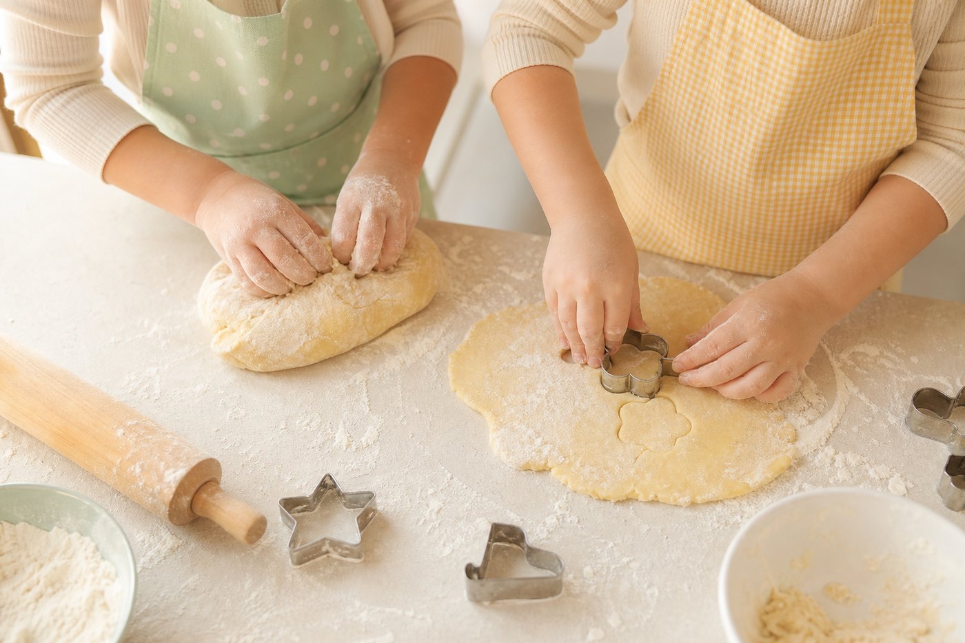 Children's hands kneading dough and cutting cookie shapes on a floured worktop