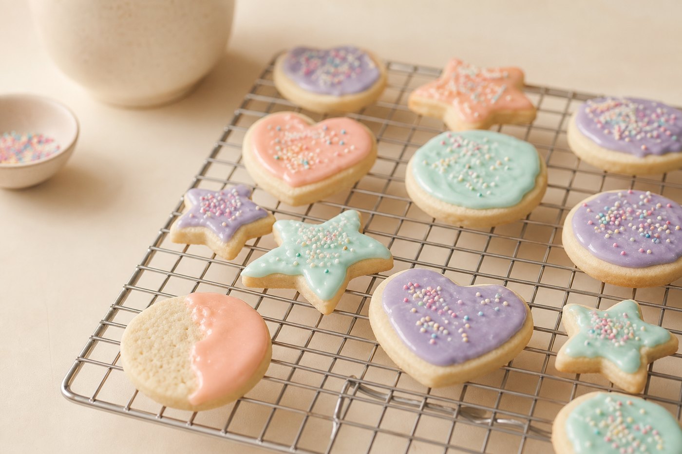 Child-decorated sugar cookies with pastel icing on a cooling rack