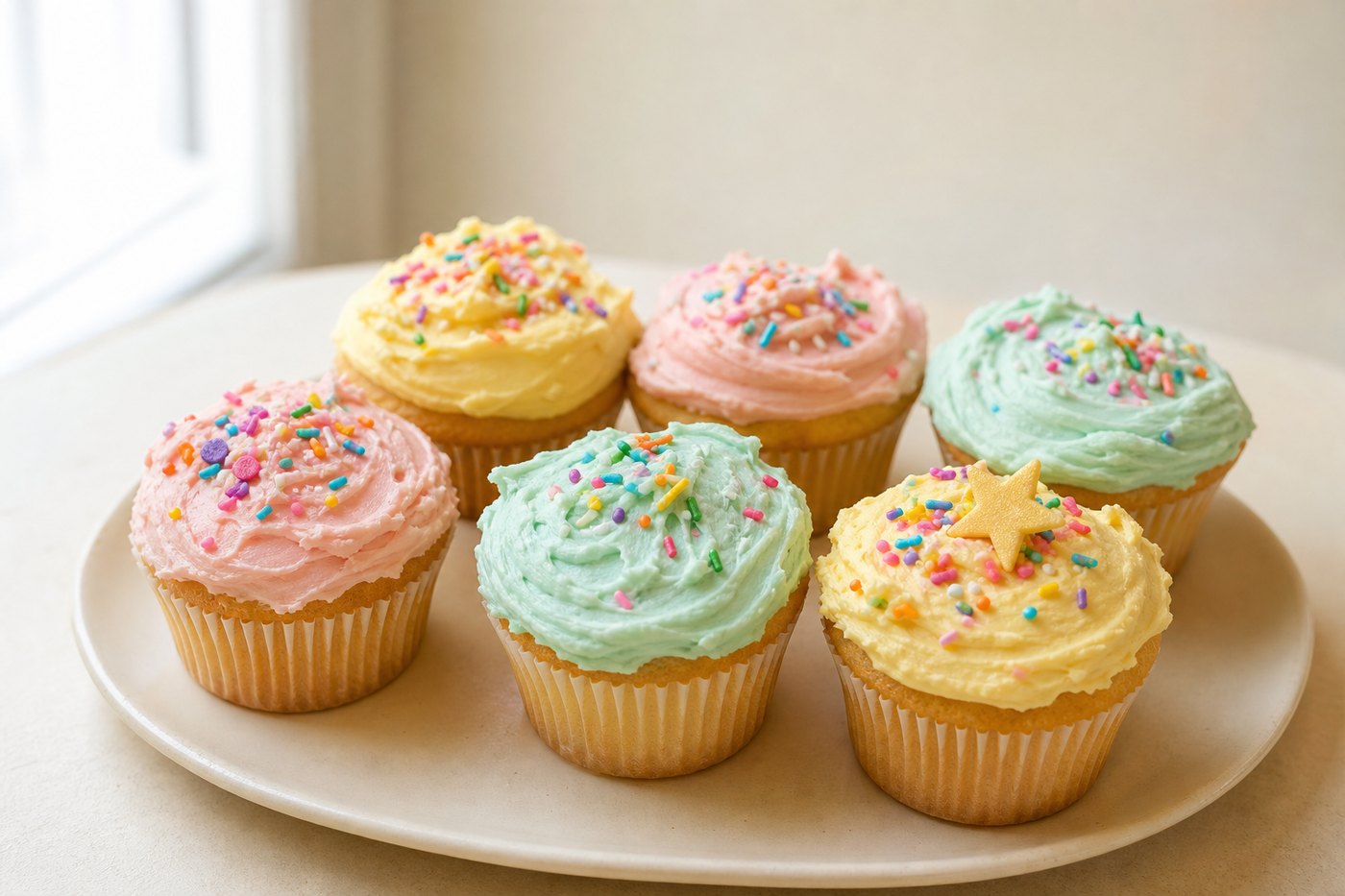 Cupcakes decorated by children with pastel buttercream and sprinkles