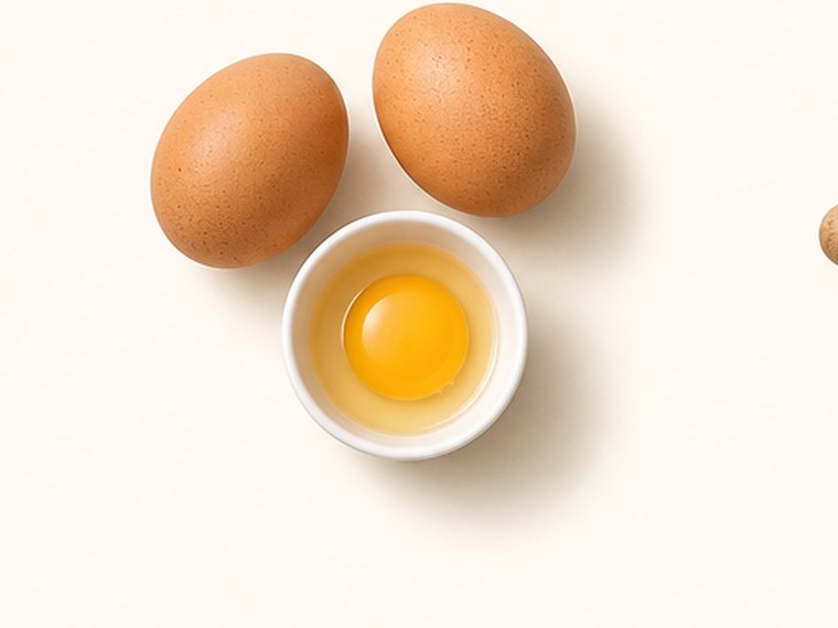 Three brown eggs, one cracked into a dish