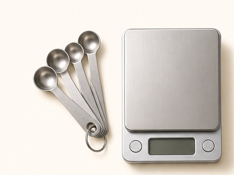 Measuring spoons and a kitchen scale