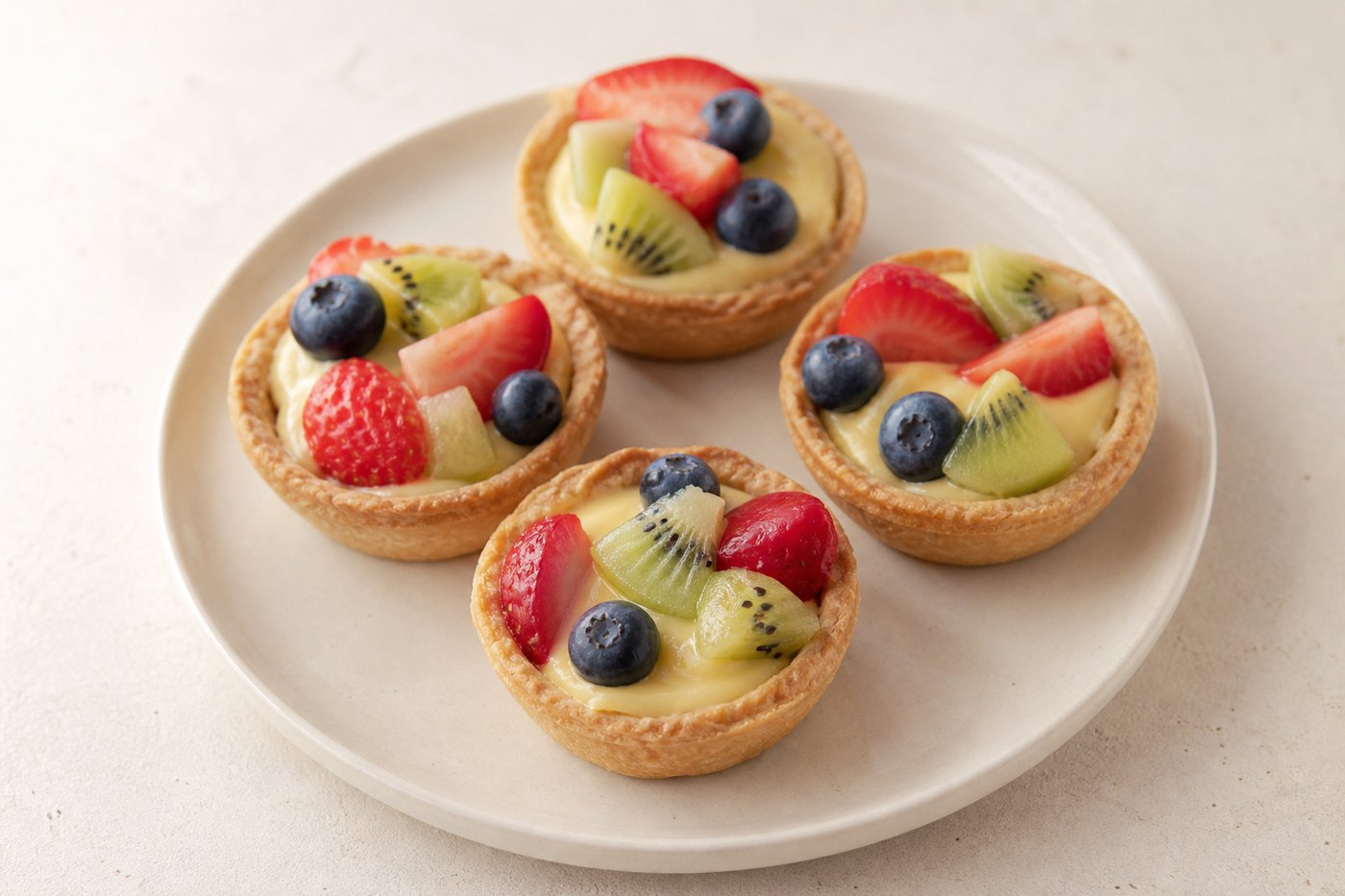 Small fruit tarts topped with strawberries, blueberries and kiwi